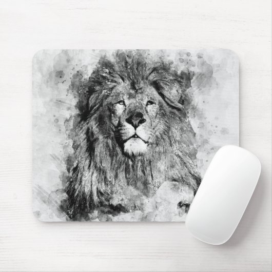 Schwarz-Weiß-Aquarellbild von männlichen Löwen Mousepad (Mit Mouse)