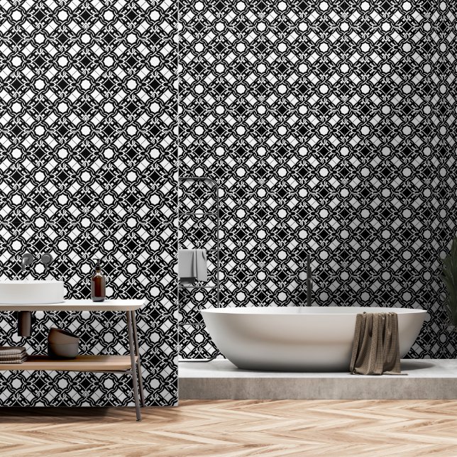 Schwarz-weiß Art Deco verschlungenes Muster Tapete (Badezimmer)