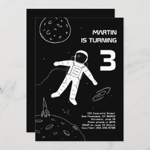 Schwarz-Weiß-Astronaut-Raum Geburtstag Einladung