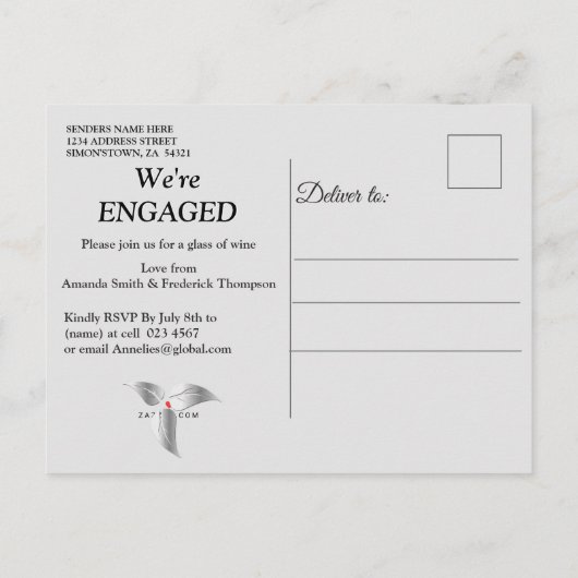 Schwarz - Weiß auf Champagner Seide Verlobung Einladungspostkarte (Rückseite)