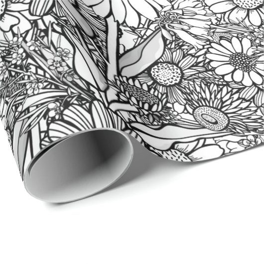 Schwarz-Weiß-Australische Wildblume Garden Geschenkpapier (Rolleneckpunkt)