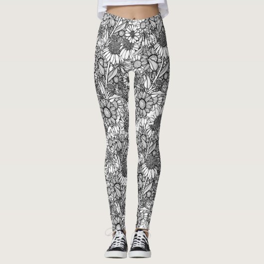 Schwarz-Weiß-Australische Wildblume Garden Leggings (Vorderseite)