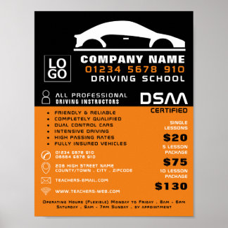 Schwarz-Weiß-Auto-Logo, Fahrschule, Lehrer Poster