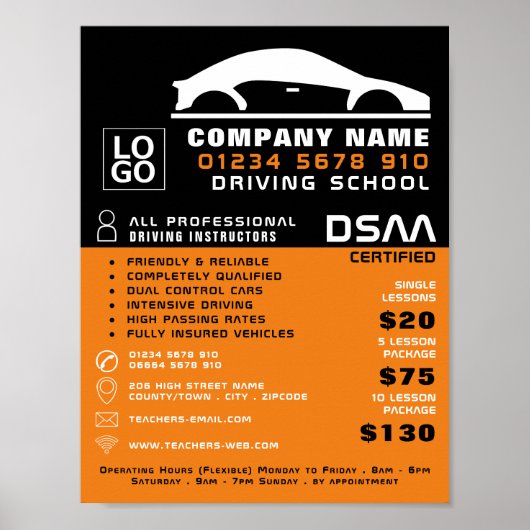 Schwarz-Weiß-Auto-Logo, Fahrschule, Lehrer Poster (Vorne)