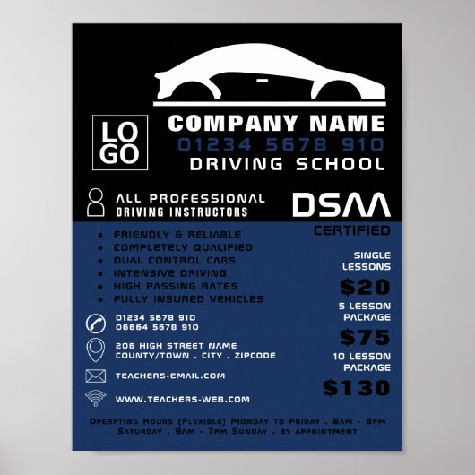 Schwarz-Weiß-Auto-Logo, Fahrschule, Lehrer Poster (Vorne)