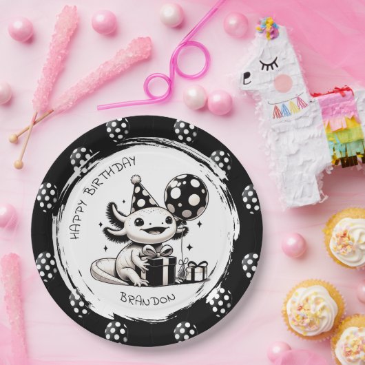 Schwarz-Weiß-Axolotl & Balloons Geburtstag Pappteller (Party)