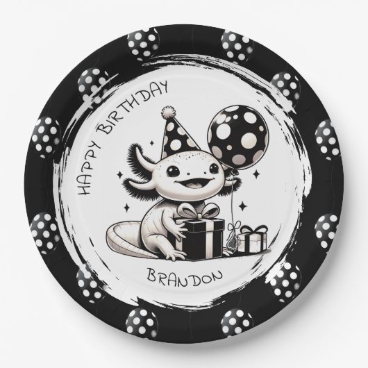 Schwarz-Weiß-Axolotl & Balloons Geburtstag Pappteller (Vorderseite)