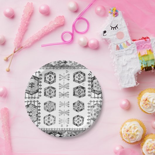 Schwarz-Weiß-Aztec-Formmuster Pappteller (Party)