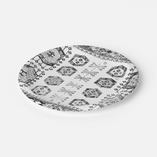 Schwarz-Weiß-Aztec-Formmuster Pappteller (Schrägansicht)