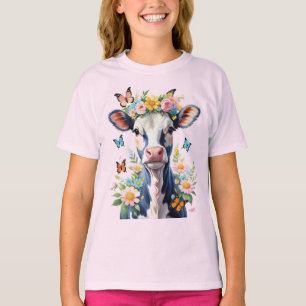 Schwarz-Weiß-Baby-Kuh mit Blume-Kronen T-Shirt