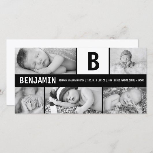 Schwarz-Weiß-Baby Monogram 5 Foto Moderne Geburt Ankündigung (Vorne/Hinten)