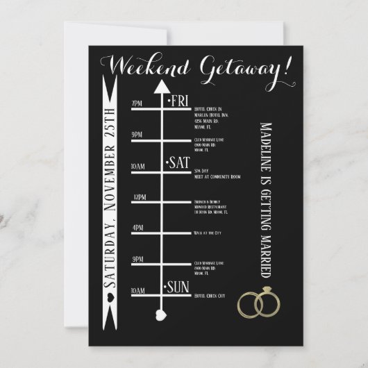 Schwarz-Weiß-Bachelorette Wochenende Abenteuer Einladung (Vorderseite)