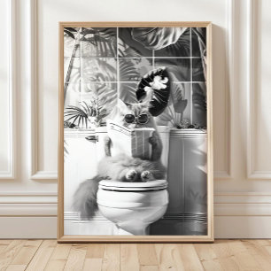 Schwarz-Weiß-Badezimmer-Katzen-Druck, Lustige Post Poster
