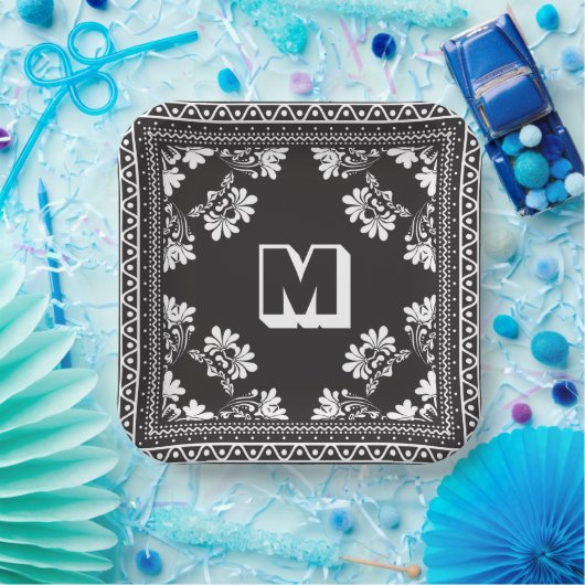 Schwarz-Weiß-Bandana-Design mit Monogramm Pappteller (Party)