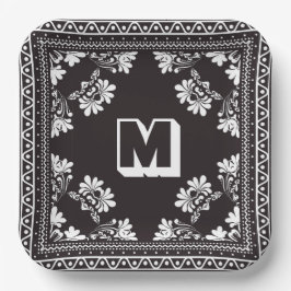 Schwarz-Weiß-Bandana-Design mit Monogramm Pappteller