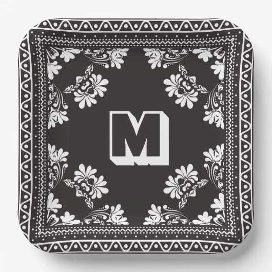 Schwarz-Weiß-Bandana-Design mit Monogramm Pappteller (Vorderseite)