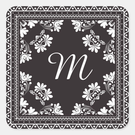 Schwarz-Weiß-Bandanna Monogram Quadratischer Aufkleber (Vorderseite)