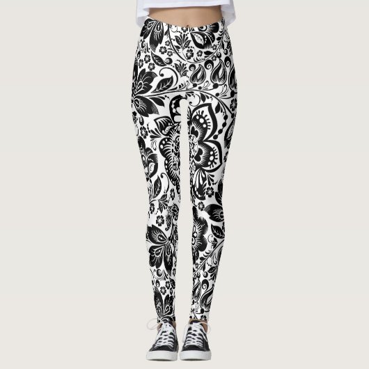 Schwarz-Weiß-Barock-Damasken Leggings (Vorderseite)