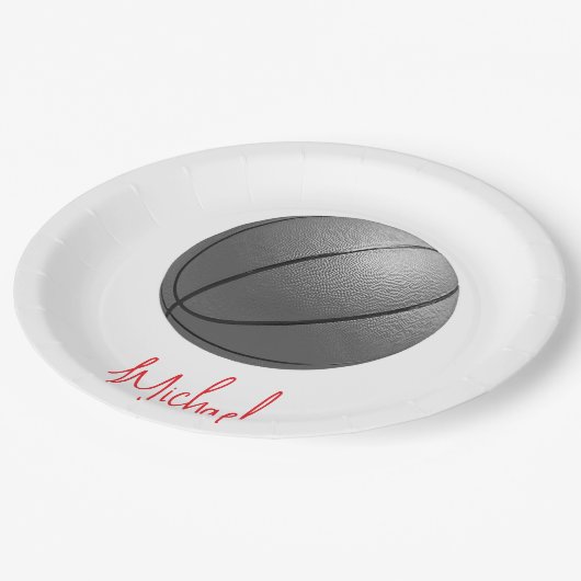 Schwarz-Weiß-Basketball Ihr Name Pappteller (Schrägansicht)