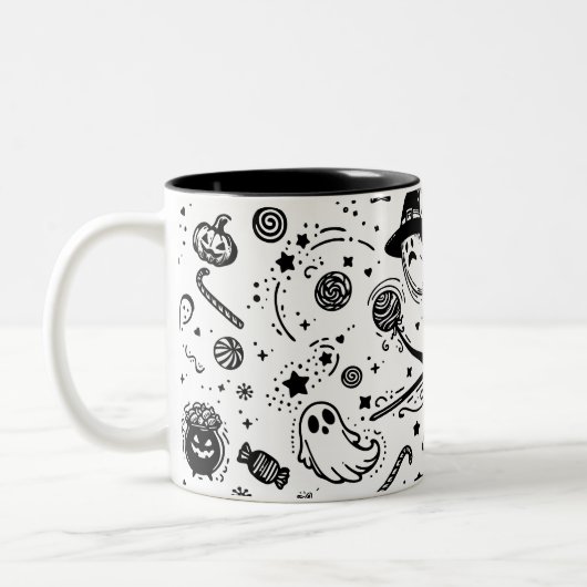 Schwarz-Weiß-Bat-Halloween-Linie Zweifarbige Tasse (Links)