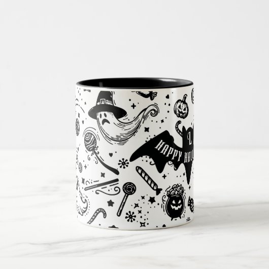 Schwarz-Weiß-Bat-Halloween-Linie Zweifarbige Tasse (Mittel)