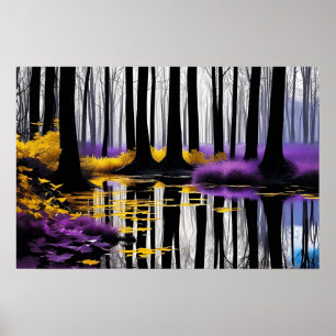 Schwarz-Weiß-Bäume Reflektion und gelb Lila Poster