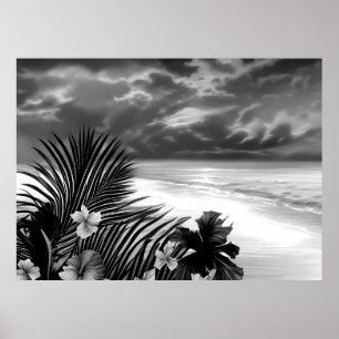 Schwarz-weiß Beach Ocean Palm Hibiskus Blume Poster