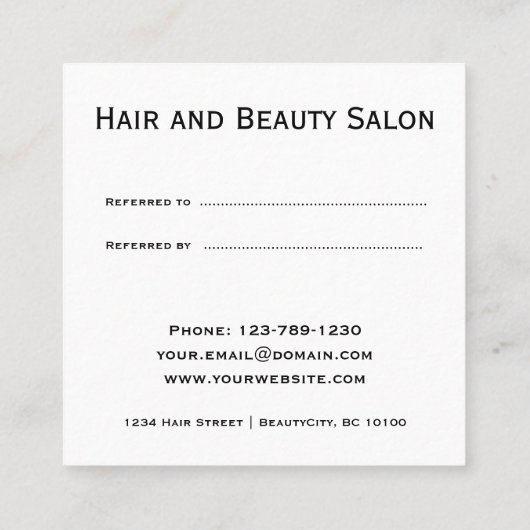 Schwarz-Weiß-Beauty-Salon-Referenzkarte Empfehlungskarte (Rückseite)