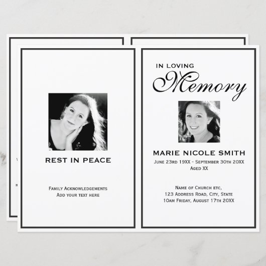 Schwarz-Weiß-Beerdigungsreihenfolge des Servicepro (Vorne/Hinten)