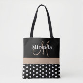 Schwarz-weiß Beige Monogram Script Polka Dots Tasche (Vorderseite)