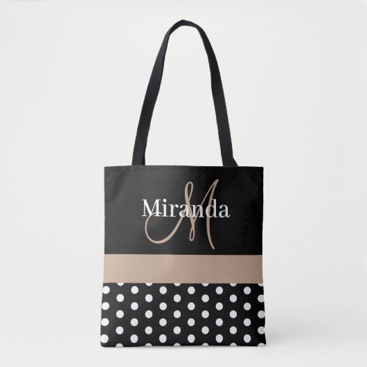 Schwarz-weiß Beige Monogram Script Polka Dots Tasche (Vorderseite)