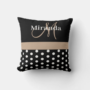Schwarz Weiß Beige Monogramm Schrift Punkte Kissen
