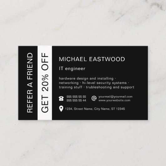 Schwarz-weiß Beruflich 2 in 1 Unternehmen und Empfehlungskarte (Vorderseite)