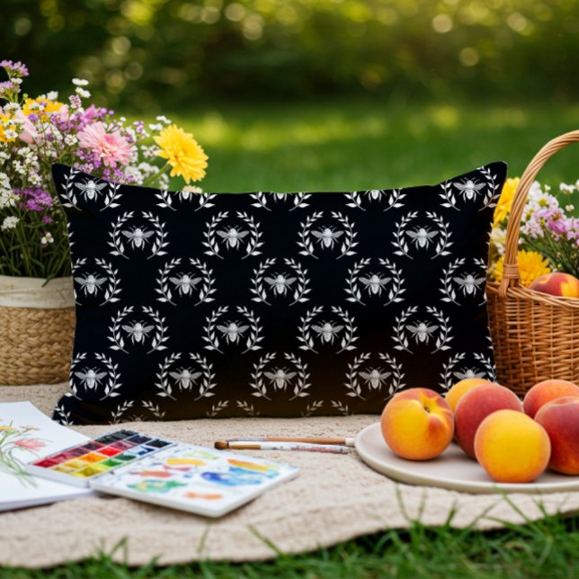 Schwarz-Weiß-Bienen Laurel Wreaths Muster Außenber Kissen Für Draußen (Von Creator hochgeladen)