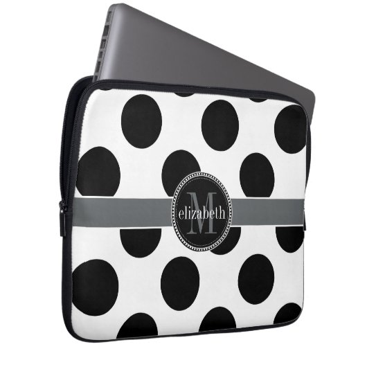 Schwarz-Weiß-Big-Polka-Dots-Monogramm Laptopschutzhülle (Vorne Rechts)