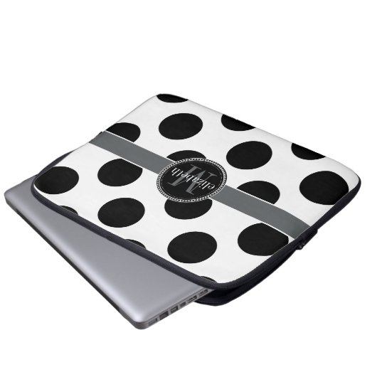 Schwarz-Weiß-Big-Polka-Dots-Monogramm Laptopschutzhülle (Vorne Knopf)