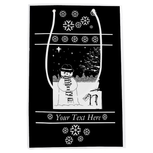 Schwarz-Weiß-Bild des Schneemans bei Weihnachten Mittlere Geschenktüte (Vorderseite)