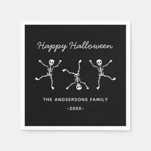 Schwarz-Weiß-Blatt Skeleton-Happy Halloween Serviette (Vorderseite)