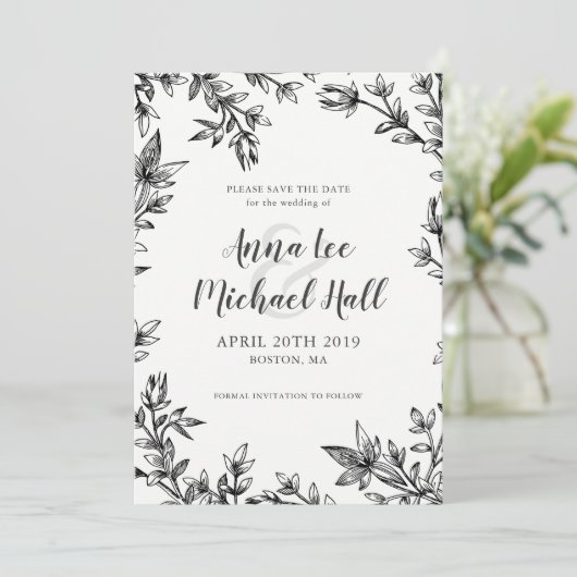 Schwarz-Weiß-Blätter Save the Date für maßgeschnei (Stehend Vorderseite)