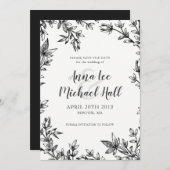 Schwarz-Weiß-Blätter Save the Date für maßgeschnei (Vorne/Hinten)