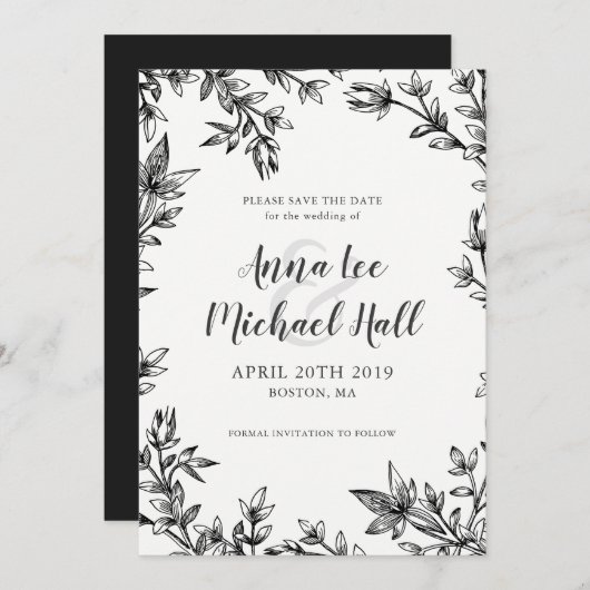 Schwarz-Weiß-Blätter Save the Date für maßgeschnei (Vorne/Hinten)