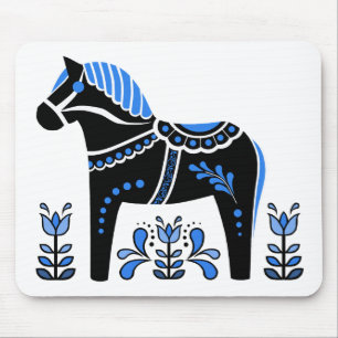 Schwarz/weiß/blau Folk Dala Pferd/Folk Friesian Mousepad