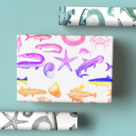 Schwarz-Weiß-, Blau-Grün- und Regenbogenmeerköpfe Geschenkpapier Set