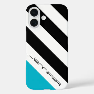Schwarz, Weiß, Blau Moderner Streifen, Name iPhone 16 Hülle