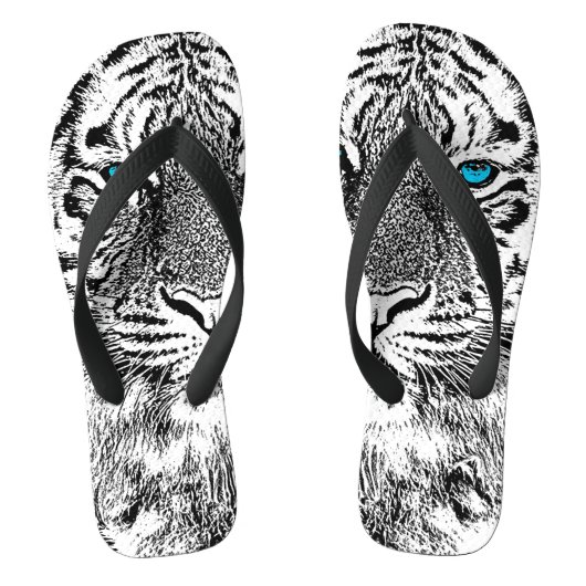 Schwarz-Weiß-Blaue Augen Tiger Grafik Badesandalen (Fußbett)