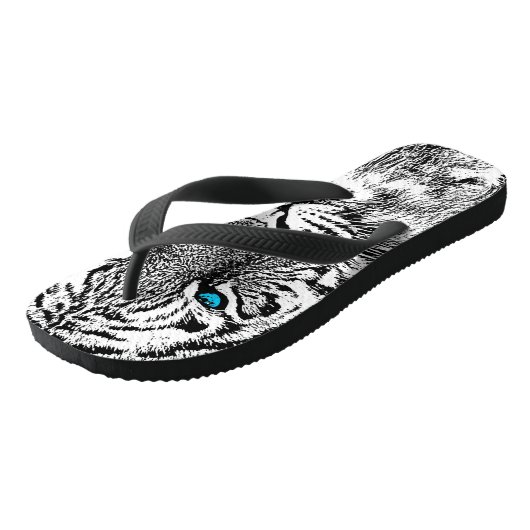 Schwarz-Weiß-Blaue Augen Tiger Grafik Badesandalen (Schrägansicht)
