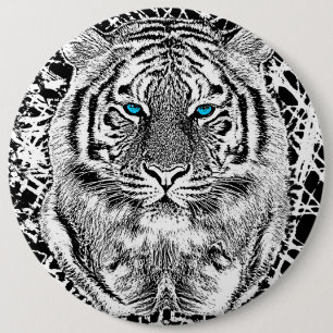 Schwarz-Weiß-blaue Augen Tiger Graphic Button