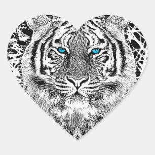 Schwarz-Weiß-blaue Augen Tiger Graphic Herz-Aufkleber