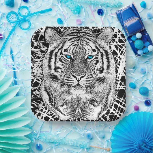 Schwarz-Weiß-blaue Augen Tiger Graphic Pappteller (Party)
