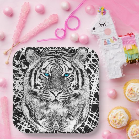 Schwarz-Weiß-blaue Augen Tiger Graphic Pappteller (Party)